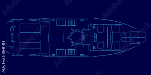 Blue drawing of a boat with a blue background. The boat is shown in a very detailed and precise manner, with every part of it clearly visible. Scene is one of precision and accuracy