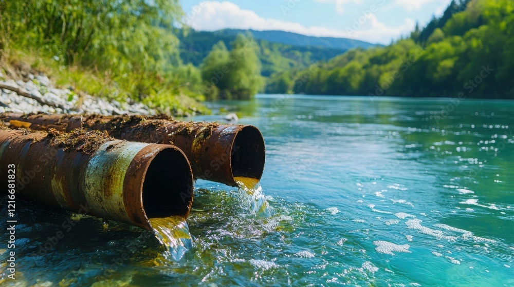 emissions disaster impact concept. Polluted water flows from old pipes into a vibrant river surrounded by greenery. emissions disaster impact concept. Polluted water flows from old pipes into a vibrant river surrounded by greenery.