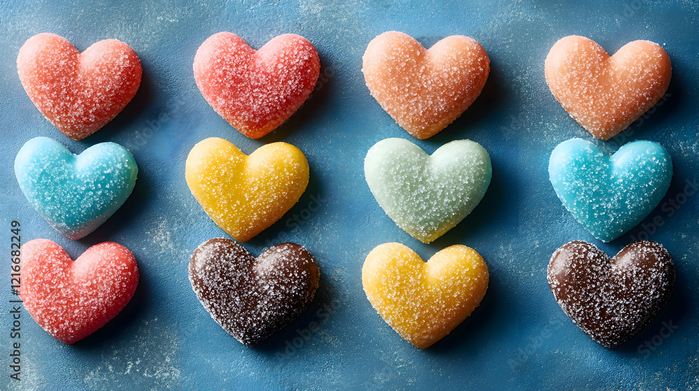 Obraz premium Fun Valentines card with coral, turquoise, and mustard confetti hearts, playful layout, and clear copy space for holiday greetings.