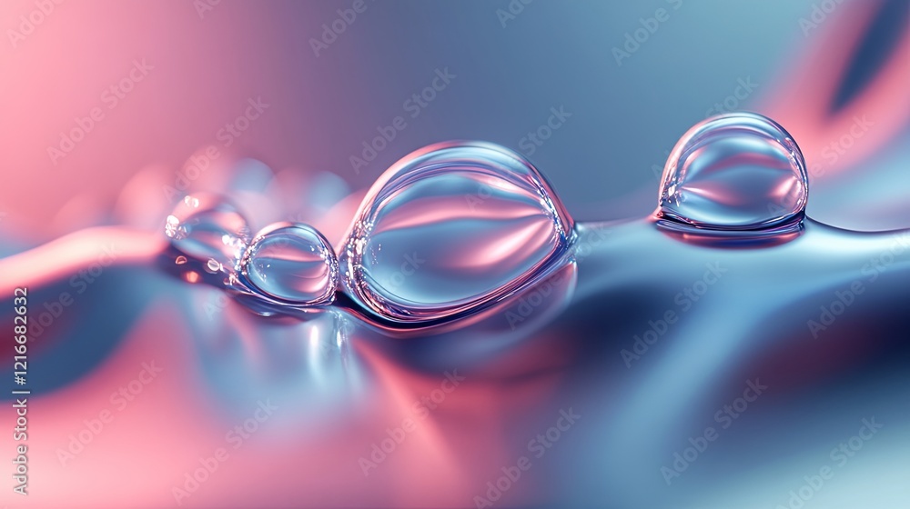 Water droplets rest on a smooth, reflective surface in soft pastel colors creating an elegant visual effect. Generative AI Water droplets rest on a smooth, reflective surface in soft pastel colors creating an elegant visual effect. Generative AI