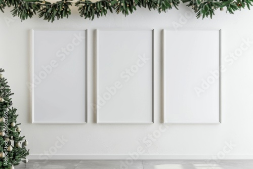 Minimalist Interior with Blank Frames and Christmas Tree Decor