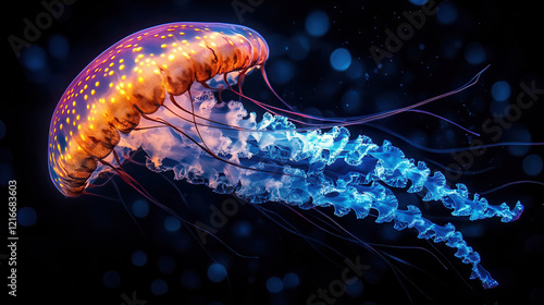 A multicolored jellyfish gracefully gliding through dark blue waters, showcasing its luminous glow in a serene underwater environment photo