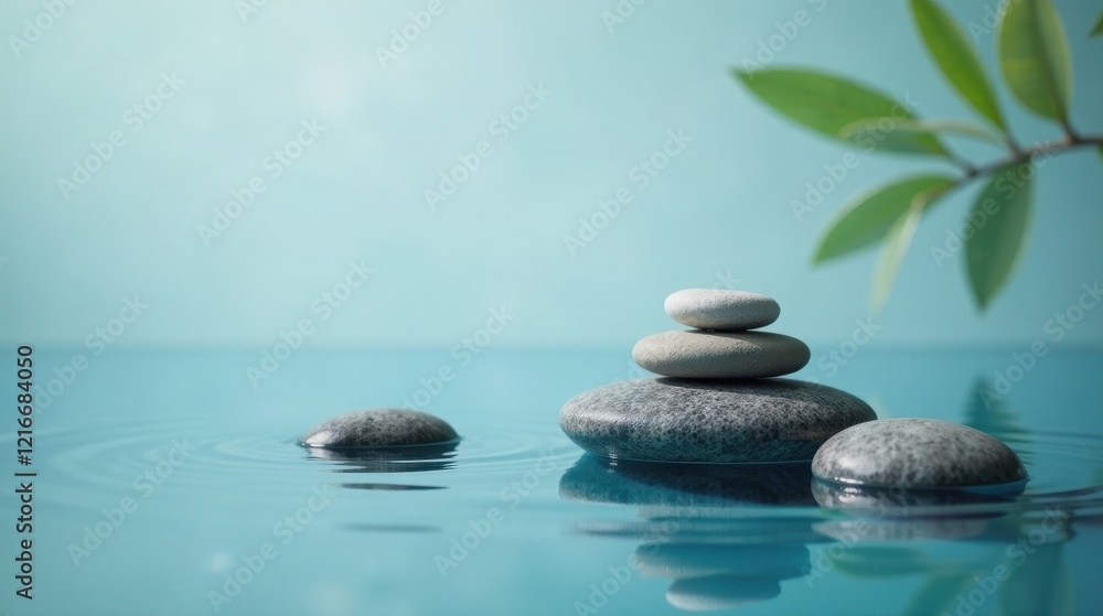 Naklejka premium Serene Stones Floating on Tranquil Water with Gentle Leaf Silhouette in the Background