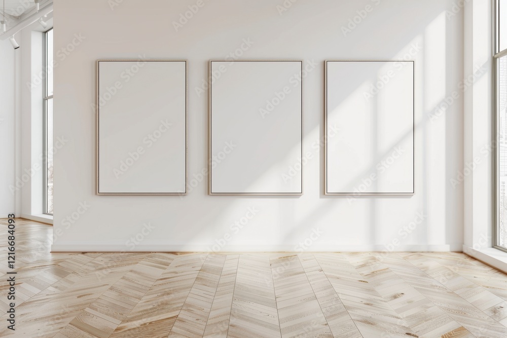 Bright and Spacious Gallery with Three Blank Frames on the Wall Bright and Spacious Gallery with Three Blank Frames on the Wall