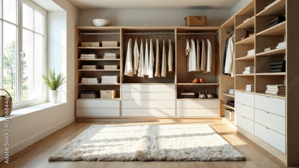 Fototapeta premium Sunlit Modern Walk-in Closet with Neutral Tones and Abundant Storage Space Featuring a Plush Rug
