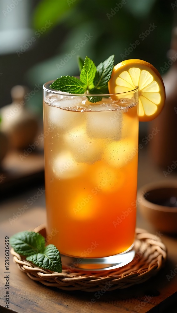 Iced Tea with Lemon Drink Cold Refreshing Beverage Mint Garnish Fruit Slice Iced Tea with Lemon Drink Cold Refreshing Beverage Mint Garnish Fruit Slice