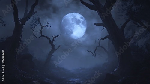 A large blue moon shines in the sky above a misty forest with bare trees.