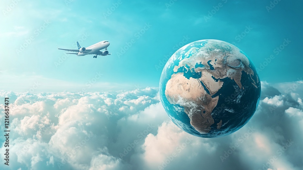 Fototapeta premium Airplane flying above clouds near Earth.