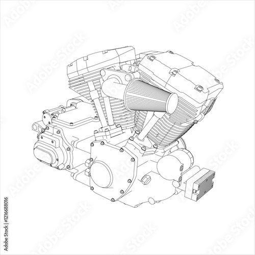 V-twin Motorcycle engine line drawing technical blueprints Illustration Isometric view. vector isolated on transparent background