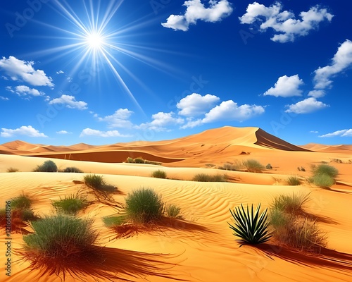 Sunny desert landscape with dunes and plants. photo