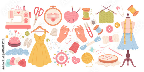 Sewing kit, collection of sewing tools and knitting accessories, hand drawn and isolated on white background