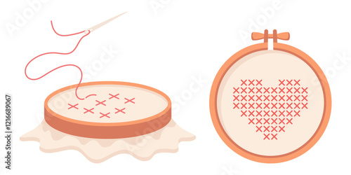 Hoop, cross stitch illustration on white background
