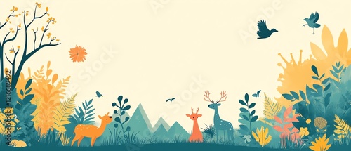 A colorful World Wildlife Day background with natural landscapes, animals in their habitats, and copy space for the message of protecting green nature and saving our planet photo