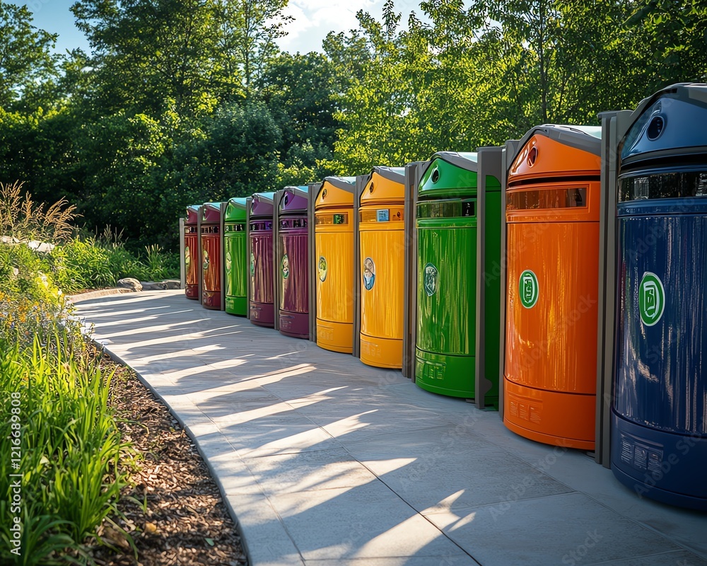 A group of colorcoded recycle bins at a public park, each bin for a different material, with vibrant colors and clear signage, encouraging recycling and environmental care A group of colorcoded recycle bins at a public park, each bin for a different material, with vibrant colors and clear signage, encouraging recycling and environmental care