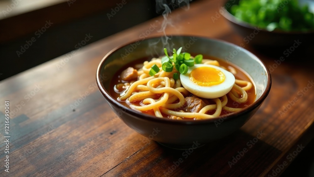 Aromatic Steaming Bowl of Noodles with Soft Boiled Egg and Fresh Herbs