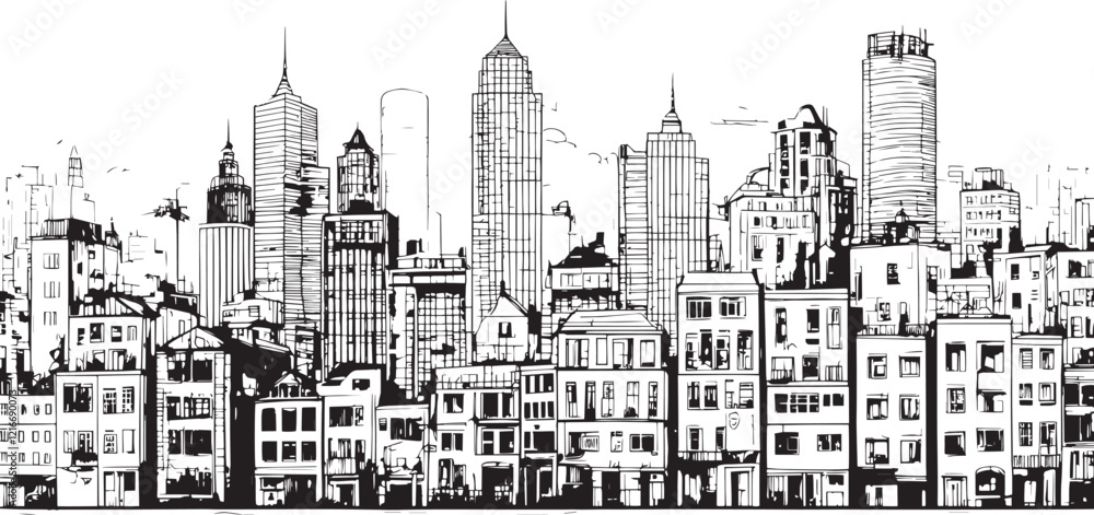 Fototapeta premium City landscape. Line urban backdrop, different buildings on street, doodle street draw, outline cityscape hand sketch, flat houses. Hand drawn vector illustration