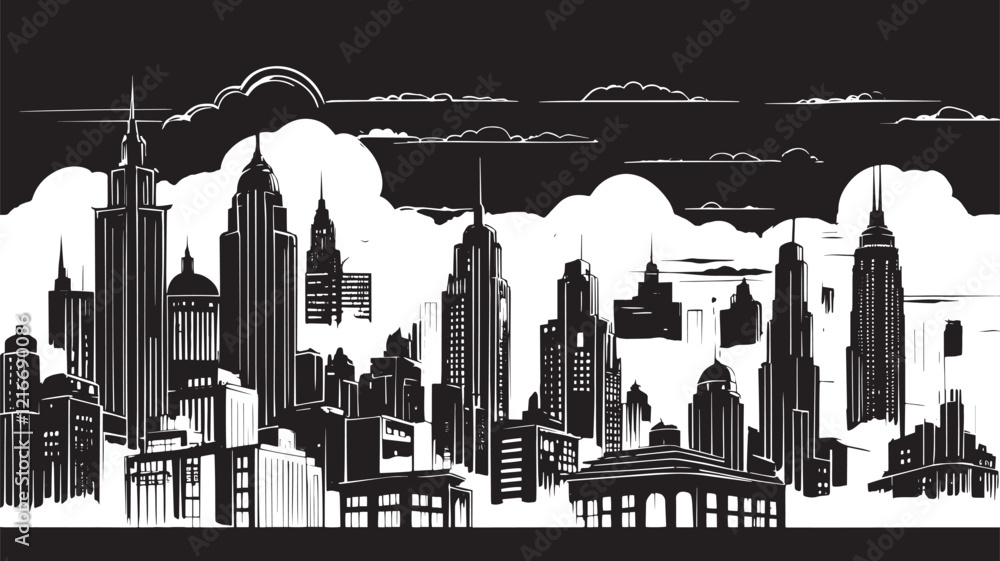 Fototapeta premium City landscape. Line urban backdrop, different buildings on street, doodle street draw, outline cityscape hand sketch, flat houses. Hand drawn vector illustration