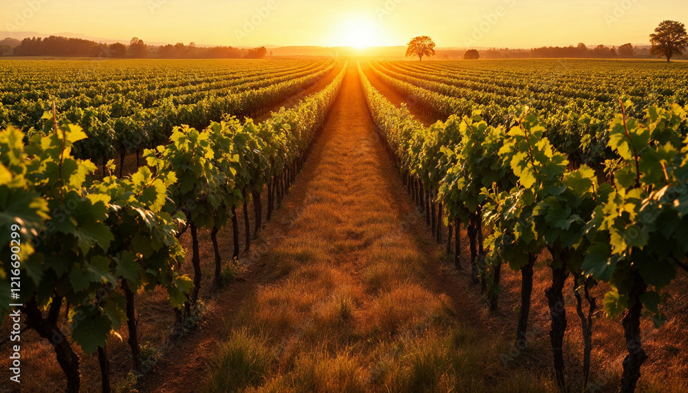 Fototapeta premium Golden sunset casts a warm glow over rows of lush grapevines in a serene vineyard landscape