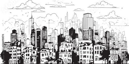 City landscape. Line urban backdrop, different buildings on street, doodle street draw, outline cityscape hand sketch, flat houses. Hand drawn vector illustration