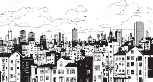 City landscape. Line urban backdrop, different buildings on street, doodle street draw, outline cityscape hand sketch, flat houses. Hand drawn vector illustration