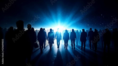 Silhouetted crowd walking towards a bright light in a dark setting