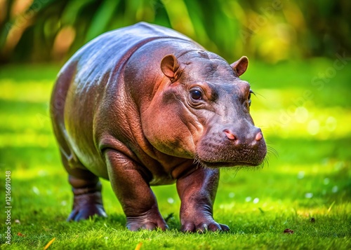 Adorable Pygmy Hippopotamus Walking in Zoo Enclosure - Choeropsis liberiensis photo