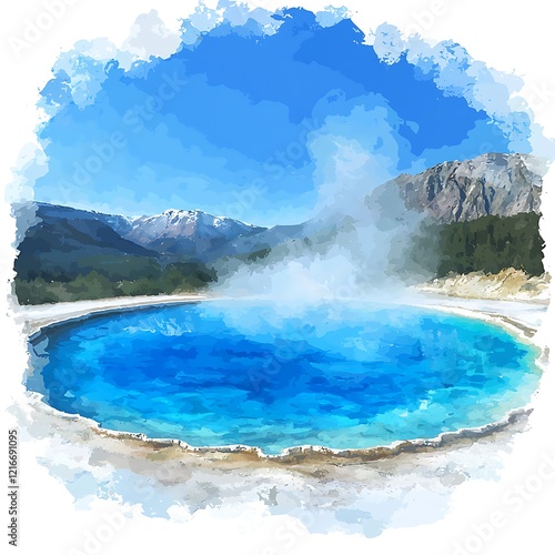 Serene Geothermal Spring in Mountain Landscape - Watercolor Painting. photo