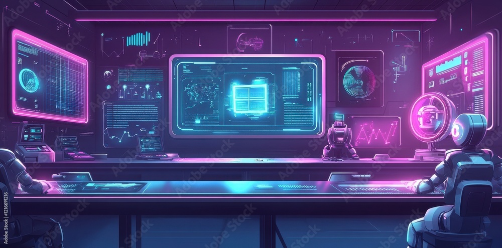 Futuristic Control Room With Two Robots Monitoring Data Futuristic Control Room With Two Robots Monitoring Data