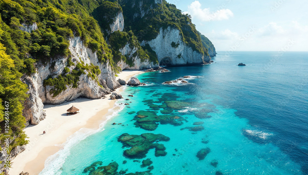 Obraz premium Stunning tropical beach with clear blue waters and rocky cliffs under a bright sunny sky