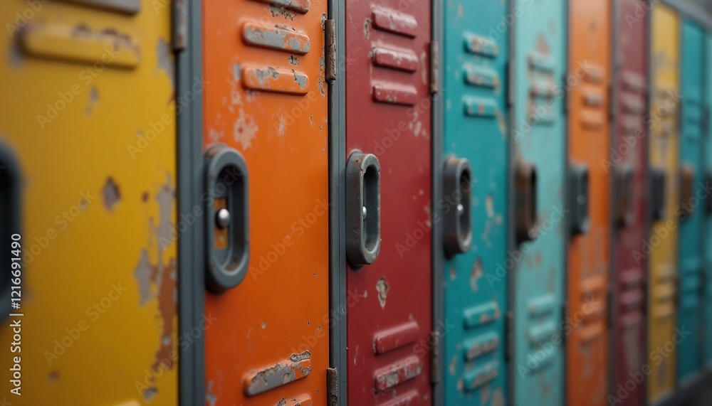 Colorful student lockers with a rustic finish, close-up detail in an educational setting Colorful student lockers with a rustic finish, close-up detail in an educational setting
