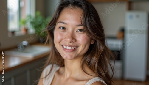 Free Download Smiling young woman in a kitchen setting, natural light and cheerful atmosphere - GFXLoad