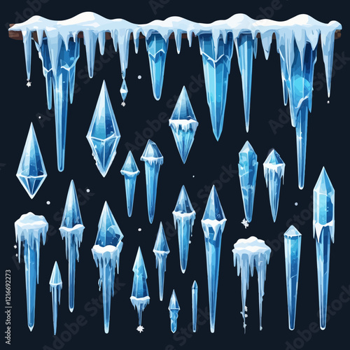 Vector icicle winter set, isolated hanging blue frozen ice, 3D sharp cornice crystal collection. Christmas holiday decoration object pack on transparent background. Big icicle of winter illustration s