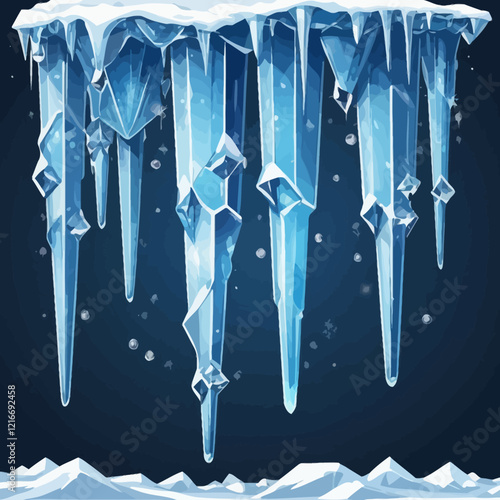 Vector icicle winter set, isolated hanging blue frozen ice, 3D sharp cornice crystal collection. Christmas holiday decoration object pack on transparent background. Big icicle of winter illustration s photo