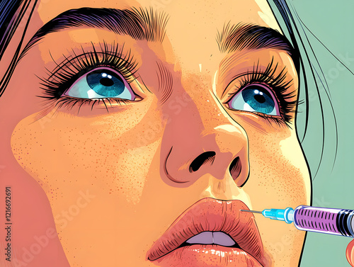 Girl Receiving Lip Enhancement Procedure. Woman getting cosmetic injection of botox