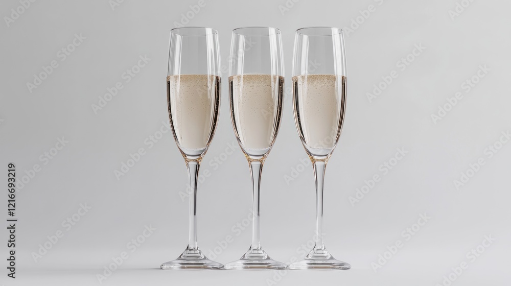 Fototapeta premium Three champagne flutes, celebration, studio, light background, website banners