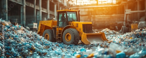 Wheel loader moving plastic bottles from a recycling mountain, detailed scene of ecofriendly plastic waste management, modern industrial machinery, highdefinition style photo