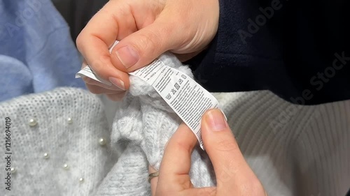 A person examines a clothing care label on a knitted sweater, symbolizing attention to detail and sustainability