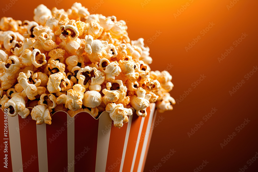 Freshly popped popcorn in a classic red and white striped container, perfect for movie nights and snacking. Freshly popped popcorn in a classic red and white striped container, perfect for movie nights and snacking.