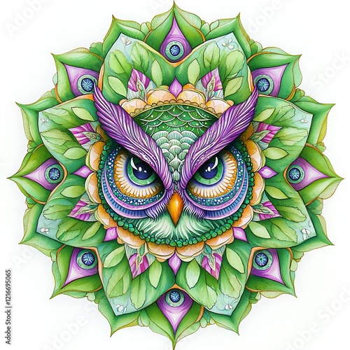 Mystical Owl Mandala A Vibrant Watercolor Illustration. photo