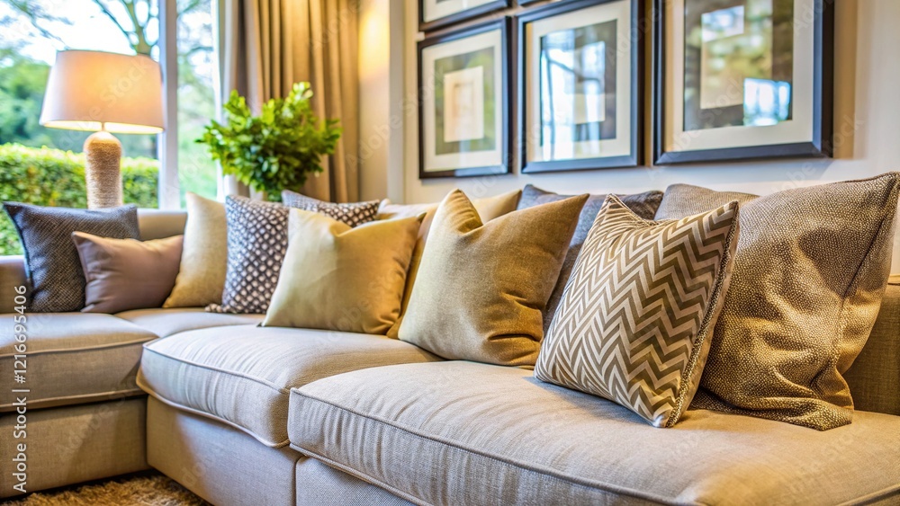 Modern Neutral Living Room with Blank Frames & Cozy Sofa - Macro Photography Stock Photo Modern Neutral Living Room with Blank Frames & Cozy Sofa - Macro Photography Stock Photo