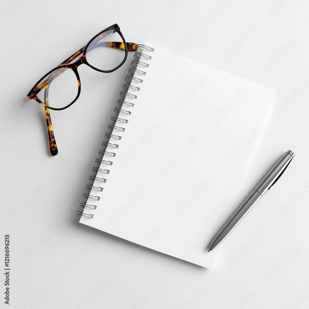 Fototapeta premium Blank notepad, pen, glasses; white background; planning concept