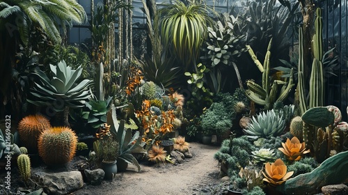 An assortment of diverse houseplants, featuring cacti, succulents, ferns, and more.  photo