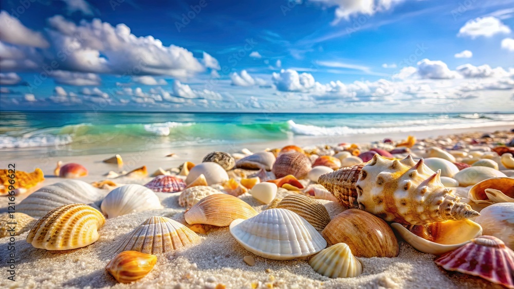 Seashells on Pristine White Sandy Beach, Coastal Landscape Background Seashells on Pristine White Sandy Beach, Coastal Landscape Background