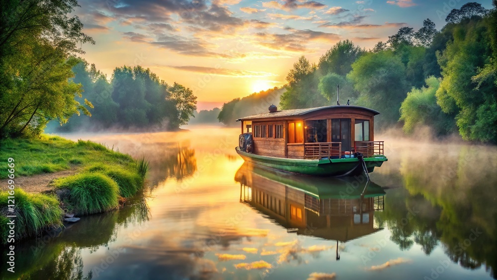 Fototapeta premium Serene Houseboat Journey: Traditional Asian Style Floating Home on Calm River
