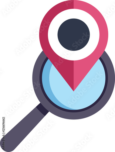 Magnifying glass is focusing on a red location pin point, suggesting searching and finding places