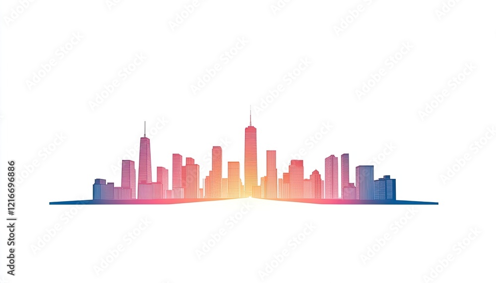 Fototapeta premium Vibrant city skyline silhouette at sunset with colorful gradient, representing urban life and development