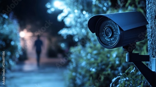 A surveillance camera monitors a dimly lit path with a figure walking in the background. photo