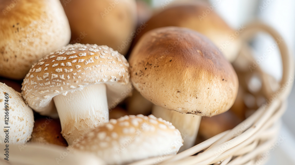 Fresh assortment of mushrooms in a woven basket, showcasing earthy tones and macro details illuminated by studio lighting Fresh assortment of mushrooms in a woven basket, showcasing earthy tones and macro details illuminated by studio lighting