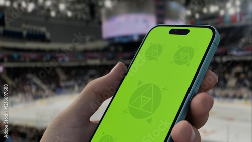 GREEN SCREEN CHROMA KEY A hand holding a phone with a green screen at a hockey game in an indoor stadium, ideal for showcasing live sports or betting apps photo