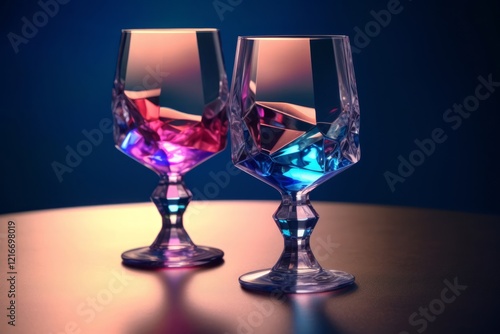 Two types of multi-colored crystal glasses on the table. Violet and blue colors. photo